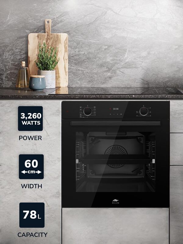 MILLEN MEO 6003 BB 78L Electric Oven - Energy Class A, 9 Cooking Modes, 60 cm, SCHOTT Double Glass Door, Glass finish, Mechanical and Touch Control with Timer, 3 Year Warranty